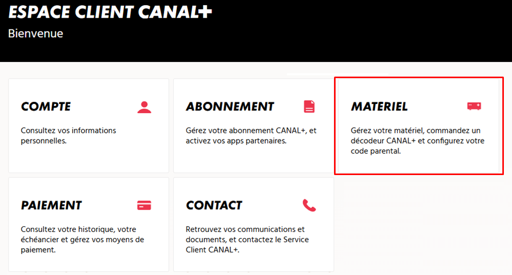 mise en évidence de la rubrique matériel sur la page d'accueil de l'Espace Client 