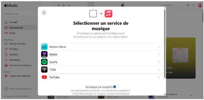 AppleMusic5.png.png Appuyez sur "transférer de la musique" et sélectionnez un service de musique (Amazon Music, Deezer, Spotify, Tidal, Youtube, etc.)