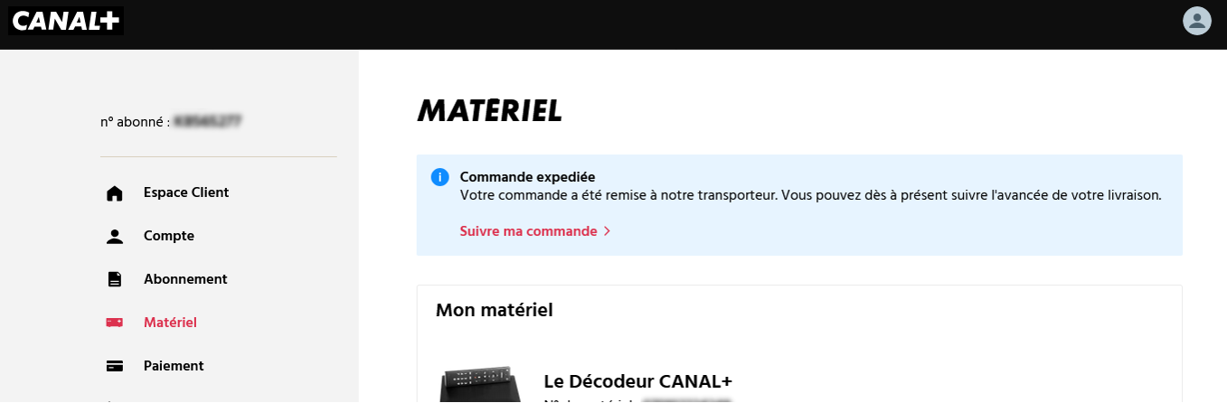 affichage de la commande après avoir cliqué sur Matériel (statut de la commande, suivi, etc.)