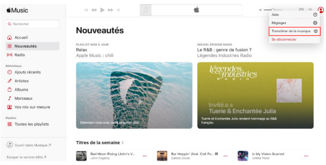 AppleMusic4.png.png Appuyez sur transférer de la musique en haut à droite de l'écran
