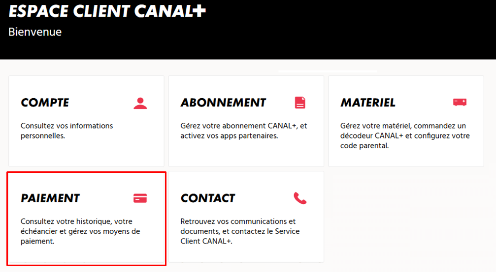 mise en évidence de la rubrique paiement sur la page d'accueil de l'Espace Client 