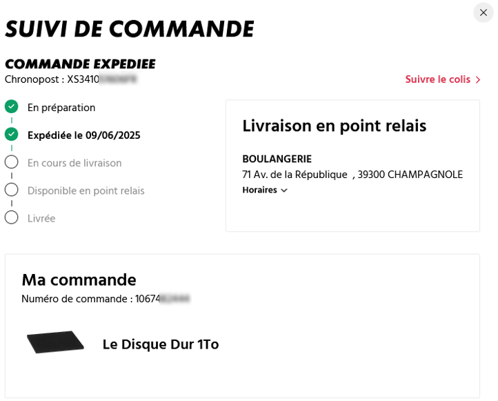 toutes les informations détaillées : date d'envoi, adresse du point relais, rappel du matériel qui a été commandé