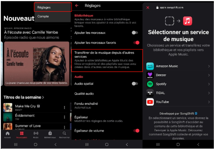 AppleMusic3.png.png Sur Android, appuyez sur réglages puis transférer de la musique depuis d'autres services et sélectionnez un service de musique
